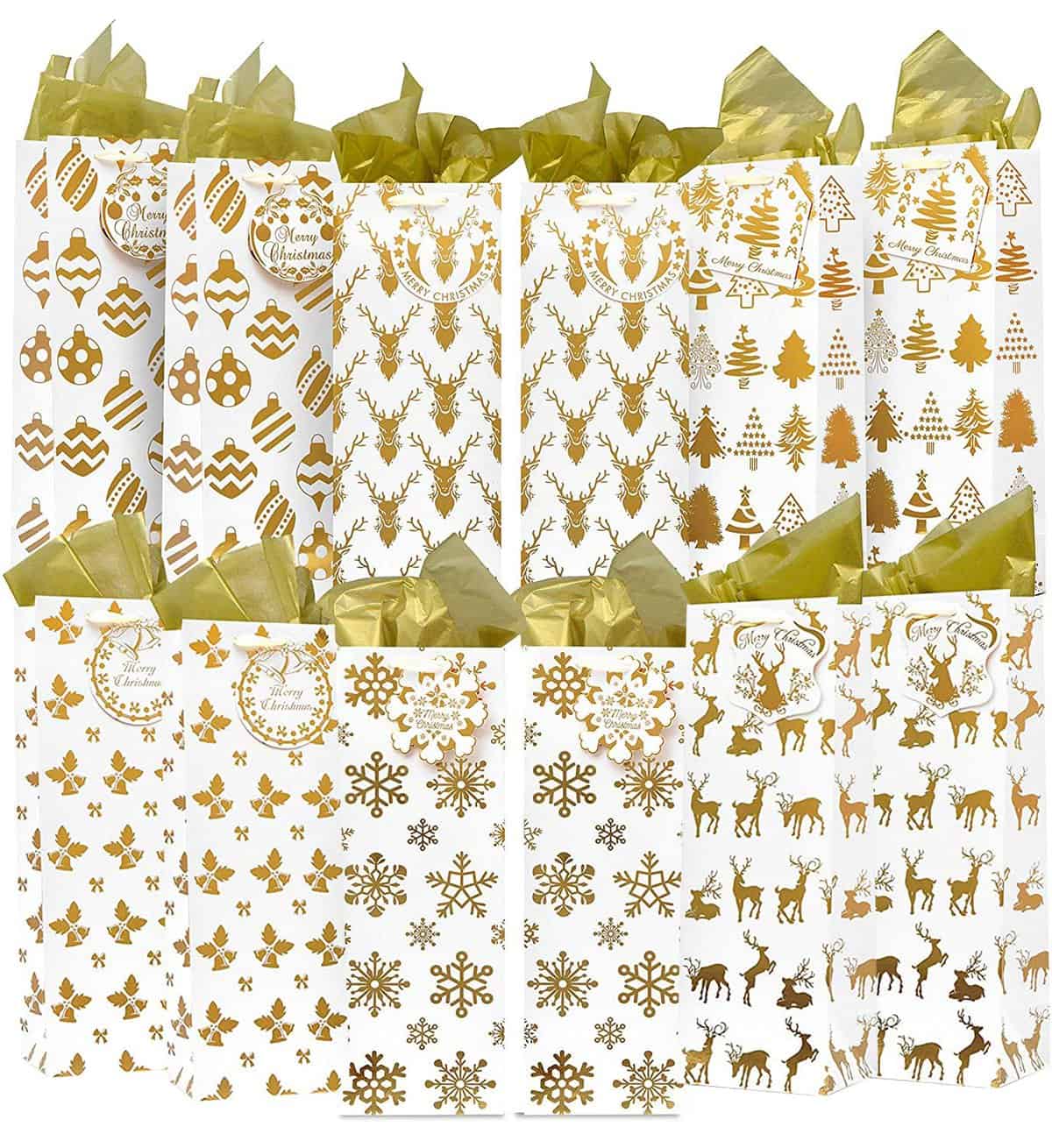 JOYIN 12 PCS Weihnachten Weinflasche Taschen Goldfolie mit Tissue-Papier und Namensschilder 6 Weihnachten drucken Designs für Winterurlaub Geschenk Party Favor Dekoration, Trinker Geschenk Geschenke