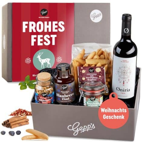 Gepp’s Delikatessen “Frohes Fest” Geschenkbox: Weihnachtsgeschenk mit spanischem Rotwein, Glühweingewürz und Pflaume-Zimt Sauce für Männer und Frauen.