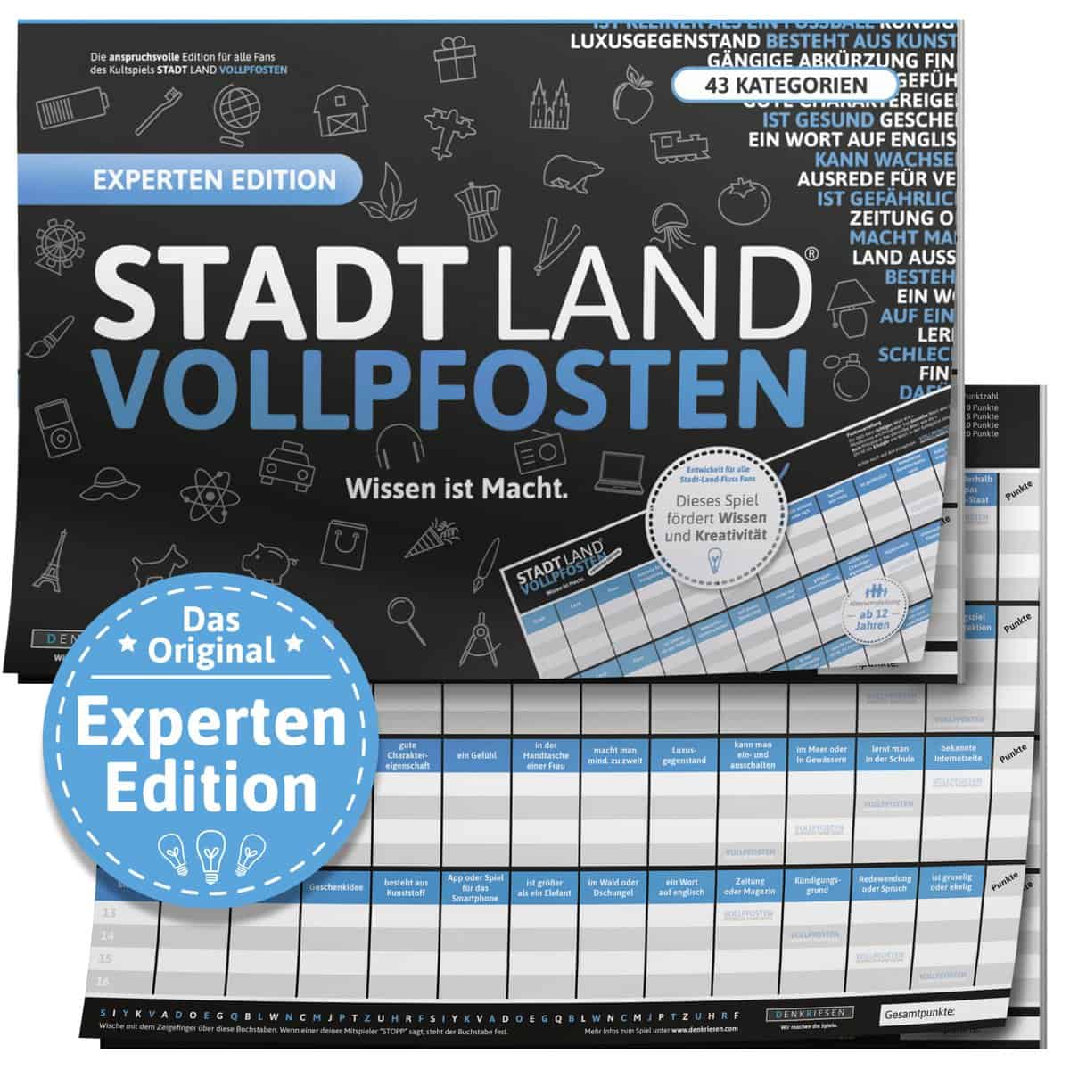 DENKRIESEN - Stadt Land VOLLPFOSTEN® - Experten Edition - Wissen ist Macht - A3 | Partyspiel | Familienspiel | Stadt Land Fluss | Spielblock | Geschenkidee