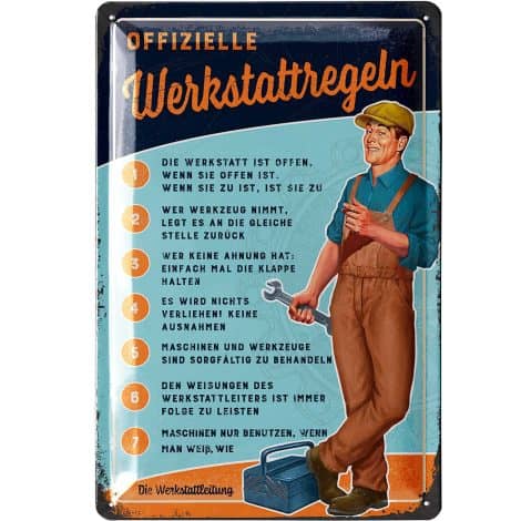 Vintage Blechwerkstattregeln Schild für KFZ Mechaniker als Vatertagsgeschenk oder Garagendeko. 20x30cm.