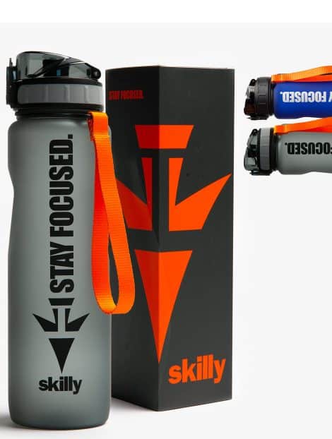 skilly YPO 1.0 Ohne-BPA Trinkflasche 1l mit auslaufsicherem One-klick Verschluss, Tritan Sportflasche inklusive Frucht-Sieb. Ideal für Fitness, Outdoor, Fahrrad, Uni und Gym.