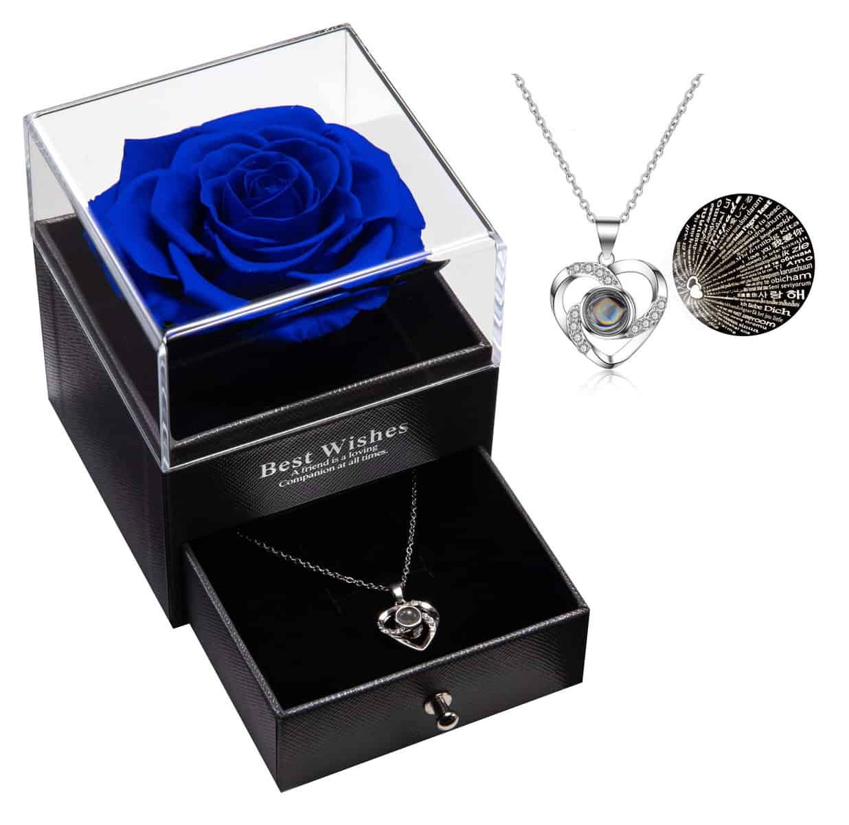 Eaprala Ewige echte Rose mit I Love You Halskette 100 Sprachen Schmuck Geschenkbox Ewige echte Rose für Valentinstag Muttertag Hochzeit Jahrestag Geburtstag Geschenk für sie (Blau)