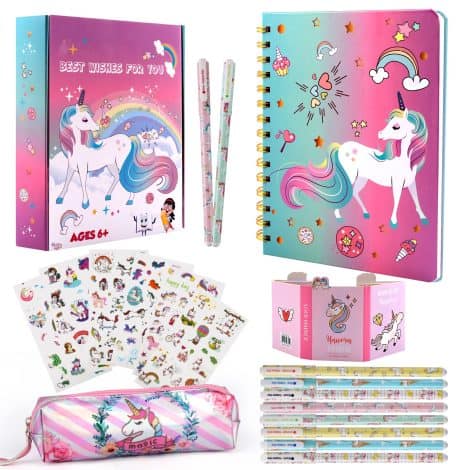 Coosilion Einhorn-Geschenke für Mädchen im Alter von 5 bis 11 Jahren, ideal als Geburtstagsgeschenk mit Federmäppchen, Stickern, Stift, Notizbuch und Schreibwaren.