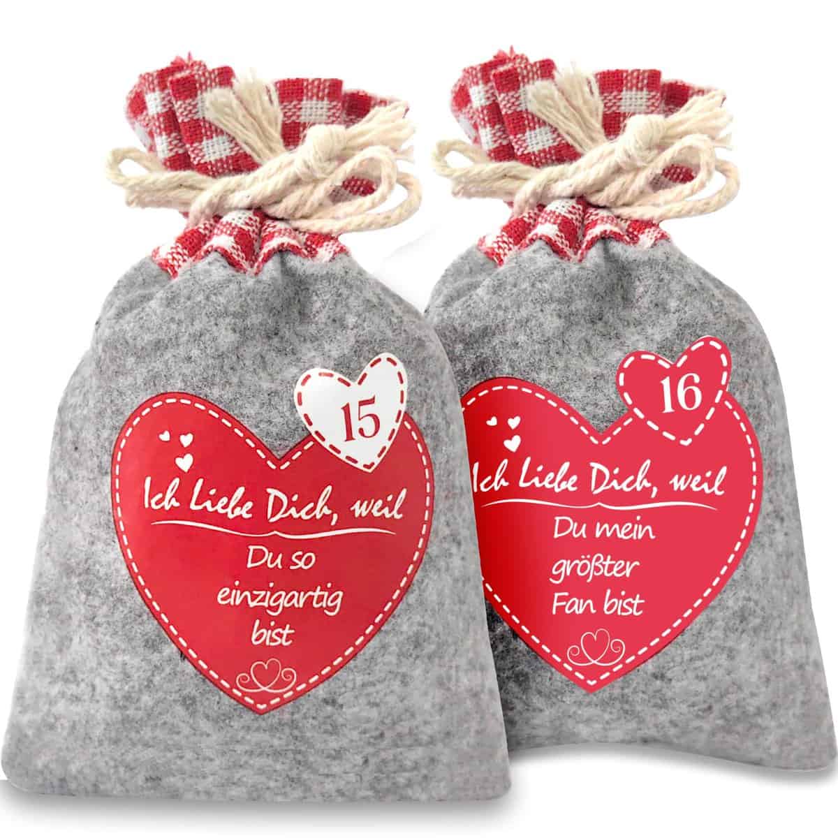 Adventskalender zum Selbst Befüllen, Filzsäckchen mit 24 Gründen Ich Liebe Dich, Weil ...Gedruckte Weihnachtskalender Filzbeutel Selberfüllen, 24 stoffsäckchen Kette zum selber befüllbar und Aufhängen