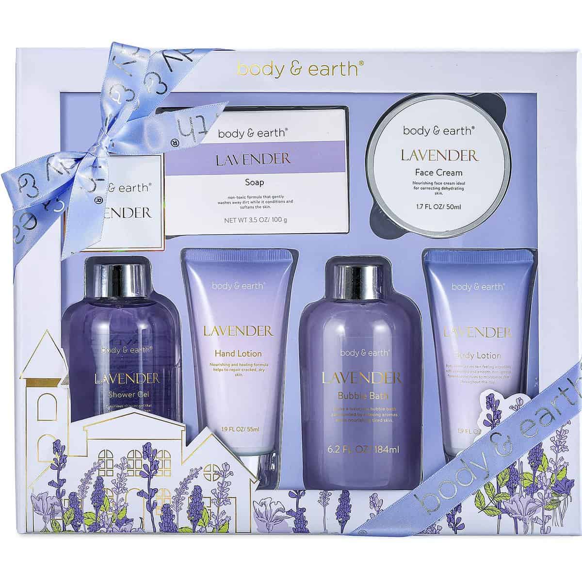 BODY & EARTH Lavendel Geschenke für Frauen 6 tlg, Geburtstagsgeschenk für frauen,Duschgel, Körperbutter, Handcreme, Badeset Geschenk Frauen, wellness set für frauen, Freundin, Mama