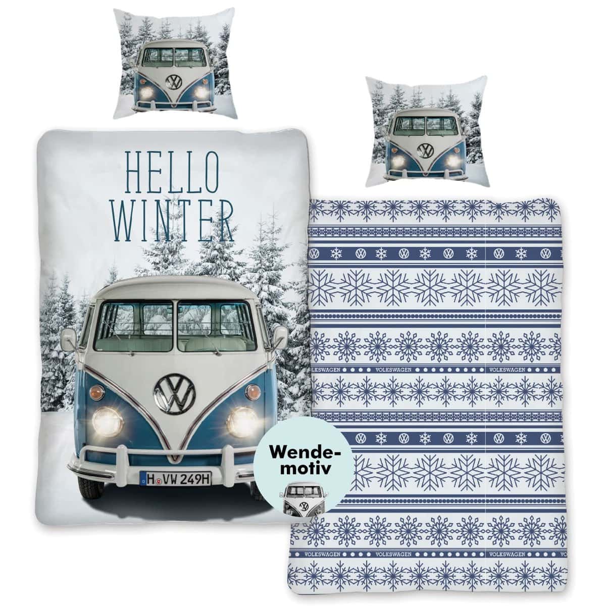 Flanell Bettwäsche VW Bulli 135x200 cm 80x80 [Reißverschluss] VW Bus Wende-Bettwäsche-Set Biber| Bettbezug VW Geschenke für Männer| Öko-Tex Standard 100 | Deutsche Größe