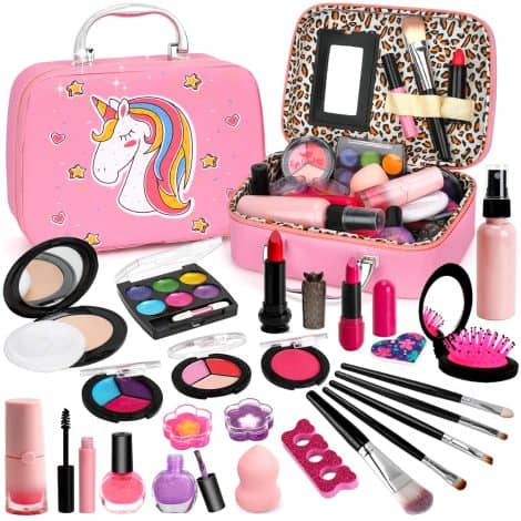 Flybay Kinderschminke Set für Mädchen, Waschbares Kinder Schminkset, Schminkkoffer als Spielzeug, Kinder Make-up Set, perfektes Geschenk für Mädchen von 4-10 Jahren zu Halloween, Weihnachten oder Geburtstag.