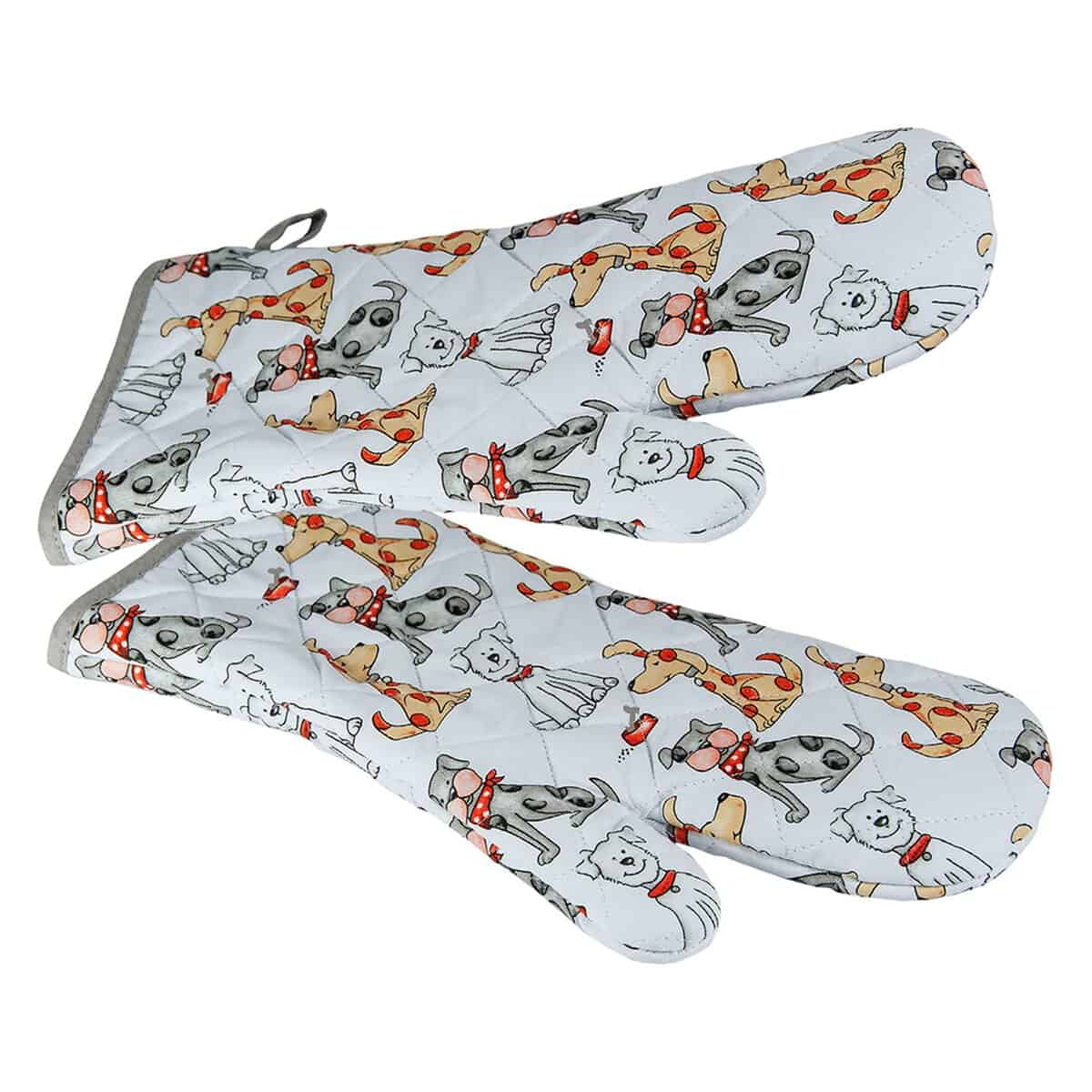 SPOTTED DOG GIFT COMPANY - 2 Set Hitzebeständig Lange Ofenhandschuhe Verdickte Hitzeresistente Topflappen Backhandschuhe aus Qualitäts Weiß Baumwolle mit Süß Hund-Motiv für Hundeliebhaber Geschenk