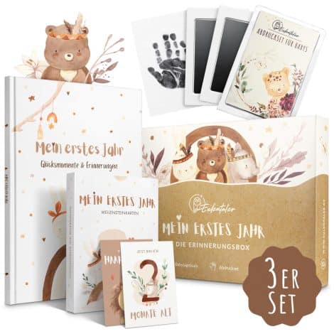 EULENTALER® Die Erinnerungsbox „Mein erstes Jahr“ I Von Fachleuten entwickelt I 3er Set : Tagebuch, Meilensteinkarten & Fußabdruck-Set I Geburts- & Babyparty-Geschenk I Für Jungs & Mädchen