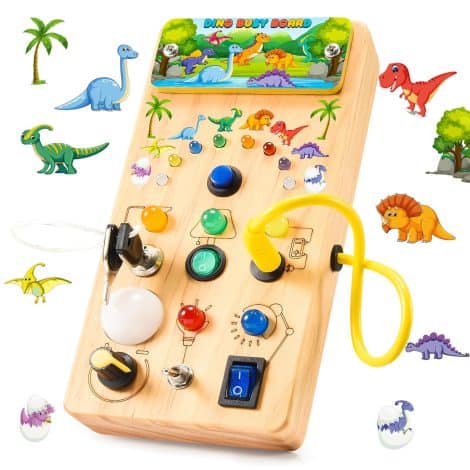 Glückliche Dinosaurier Montessori Spielerisches Brett, Spielzeug mit 7 Schaltern und 15 LED-Leuchten, Weihnachtsgeschenk für Babys, Kinder und Jungen.