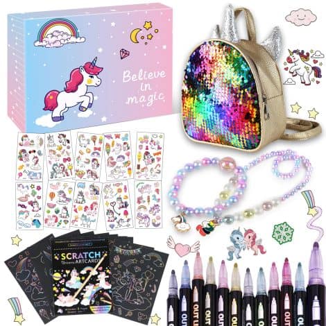 Geschenkset für Mädchen: Einhorn-Tasche mit Glitzer, bunter Stift, Tattoos, Kratzbilder, Schmuck zum Basteln. Ab 5-12 Jahren. Weihnachtsgeschenk.