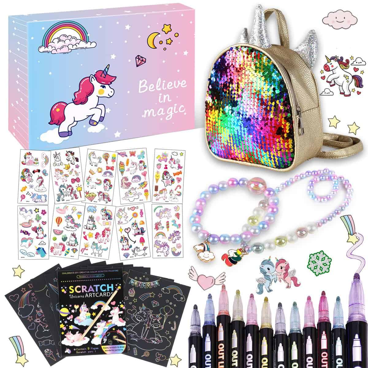 zycBernoi Einhorn Geschenke für Mädchen, Einhorn Pailletten Tasche Glitzer Farbiger Stift Tattoos Kratzbilder Schmuck Basteln Mädchen Spielzeug ab 5-12 Jahre, Weihnachtsgeschenke für Kinder