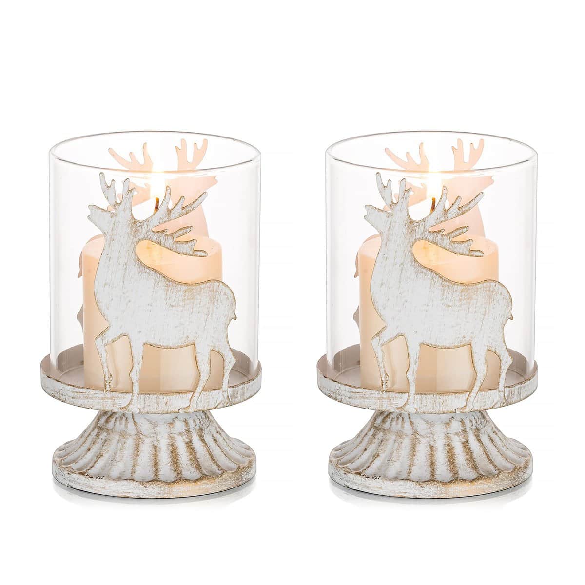 Romadedi Weihnachten Kerzenhalter Kerzenständer Vintage Deko: 2er Set Hirsch Rentier Windlichter Kerzenleuchter für Tischdeko Landhausstil Tisch Geschenk Weihnachtsdeko Kamin Dekoration, Weiß