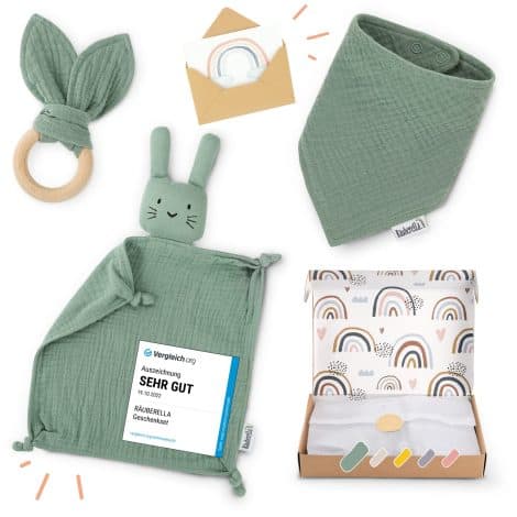 Räuberella® Baby Set für Jungen und Mädchen + Bonus-Geschenkkarte, Kuscheltuch, Beißring und Lätzchen/Geschenk zur Geburt.