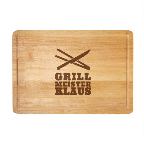 Personalisiertes Holzbrett mit Gravur und Grillmeister-Motiv, ideal als Küchen- oder Brotzeitbrett, tolles Geschenk für Grillfans. Größe: ca. 40,5 x 28,5 x 2 cm.