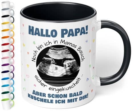 Personalisierte Tasse für werdenden Vater – mit Ultraschallbild „Hallo Papa! Noch in Mamas Bauch“ – Geschenk für Vater und Baby (schwarz).