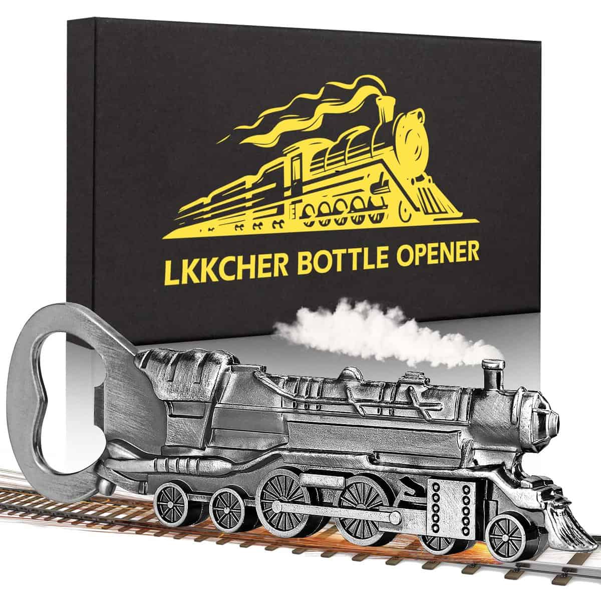 LKKCHER Dampflokomotive Geschenke für Männer, Bierflaschenöffner, lustige Biergeschenke für Männer Ihn Papa, Vintage Dampfzug Gadgets, Valentinstag Geschenke, Geschenkbox und Karte