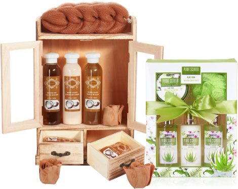 BRUBAKER Kosmetik 2-in-1 Pflegeset Kokosnuss & Aloe Vera – Umfangreiches 15-teiliges Wellness-Set – Dusch- und Badeset für Frauen – Schönheits-Geschenkset mit dekorativem Holzschrank.