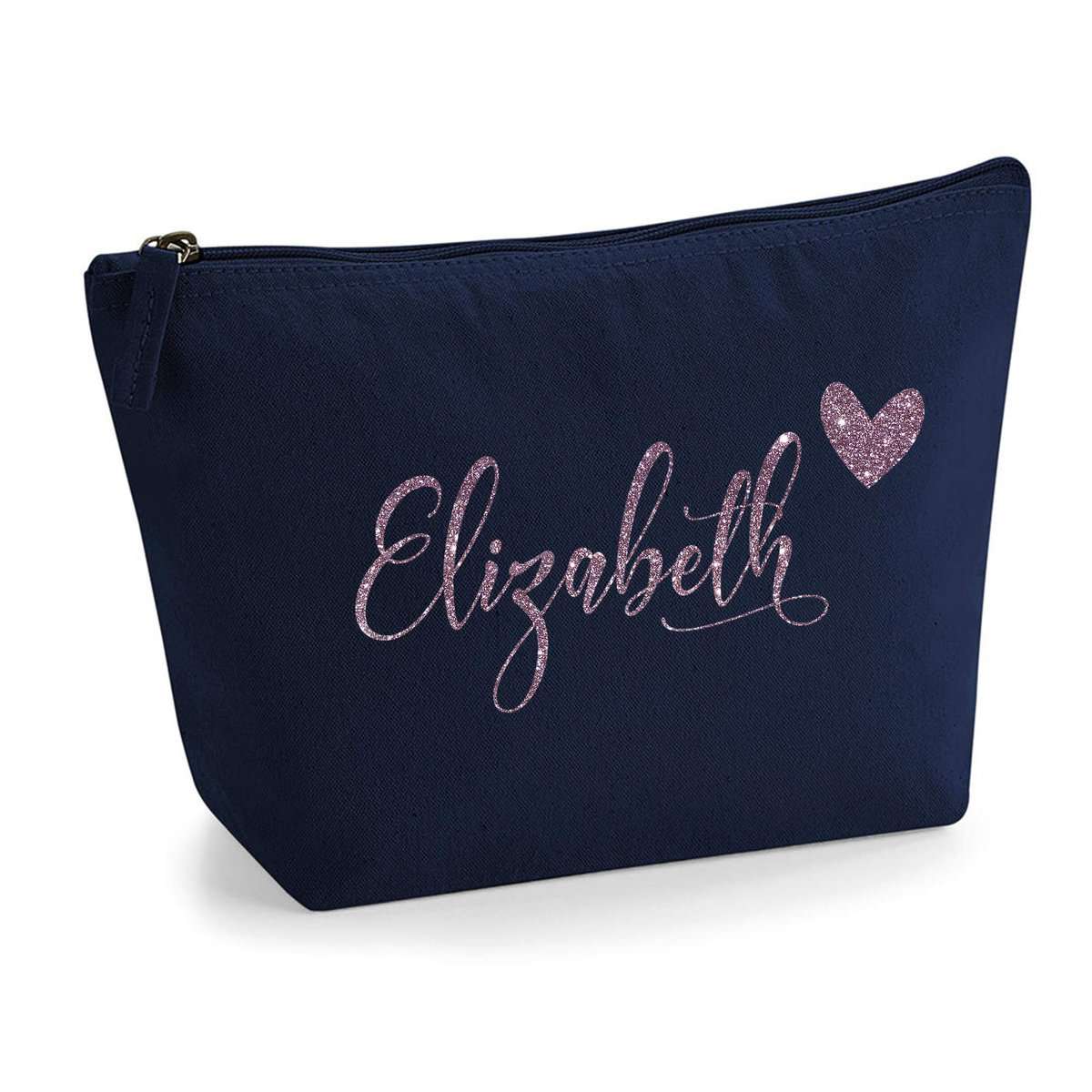 Personalisiert Name Initialen & Herz Kosmetiktasche Damen Schminktasche für Handtasche Makeup Tasche - Glitter oder Flocke Material Druck - Roségold Glitter - L | Marine Blau