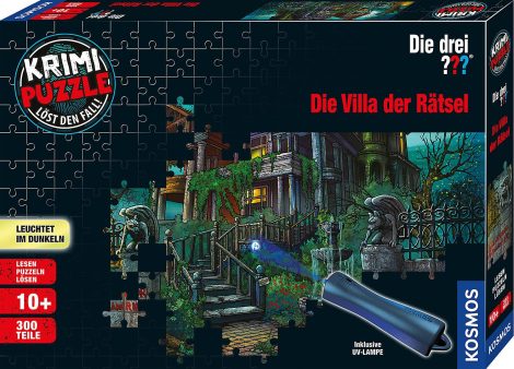 Die drei ??? Die Villa der Rätsel Krimi Puzzle mit 300 Teilen, UV-Lampe, für Kinder ab 10 Jahre.