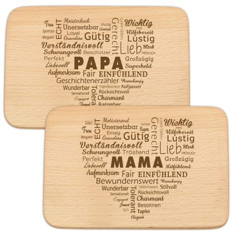 Holz Frühstücksbrettchen für Mama und Papa mit persönlicher Gravur – ideales Elterngeschenk.