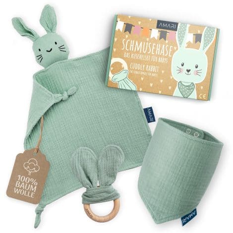 Amari ® Kuscheltuch (Hase Türkis) mit Beißring und Lätzchen, für Jungen und Mädchen – Babygeschenk zur Geburt – Schnuffeltuch Set für Babypartys.