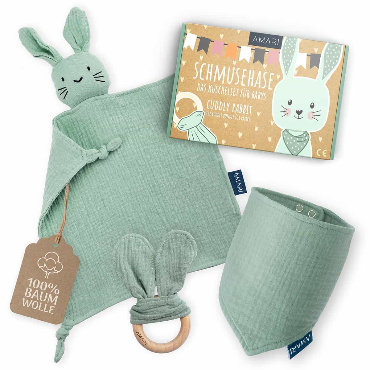 Amari ® Schmusetuch (Hase Türkis) mit Beißring und Lätzchen, Geburt für Junge und Mädchen - Baby Geschenk Neugeborene - Schnuffeltuch Babygeschenke Set zur Babyparty