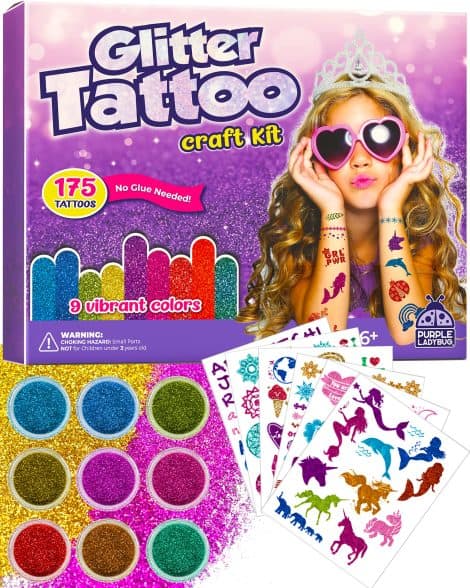 Purple Ladybug Glitzer Tattoo Set – 9 Glitzerfarben, 175 Kinderdesigns – Super Geburtstagsgeschenk – Temporäre Tattoos für Mädchen 6-10 Jahre.