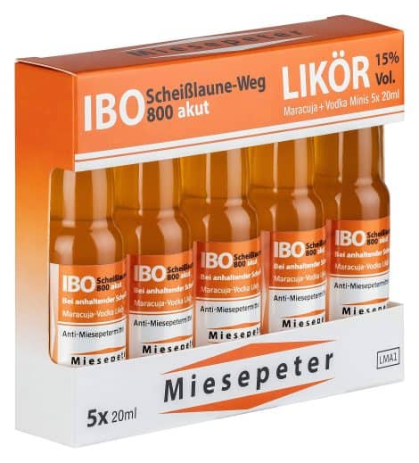 Miesepeter Schnaps Miniaturen – IBO Gute-Laune-Boost 800 akut (Maracuja + Vodka, 5 x 20ml)