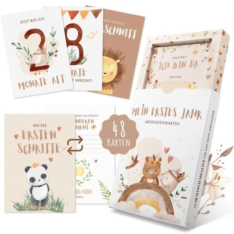 EULENTALER® Meilensteinkarten Baby I Boho Design I Pädagogisch entwickeltes Babykarten-Set als Geschenk zur Geburt & Babyparty I 48 Karten mit Geschenkbox für Jungen & Mädchen.