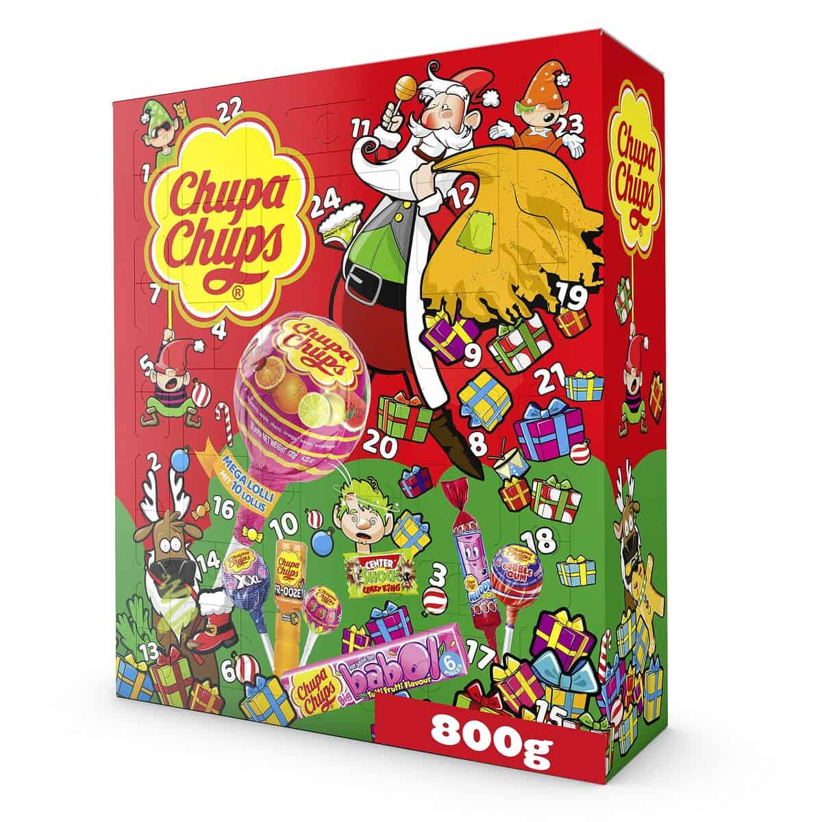 Chupa Chups XXL Adventskalender 2023, 24 Türchen mit einem Mix aus verschiedenen Lutscher- & Kaugummi-Sorten, Süßigkeiten Weihnachtskalender, 1 x 800g