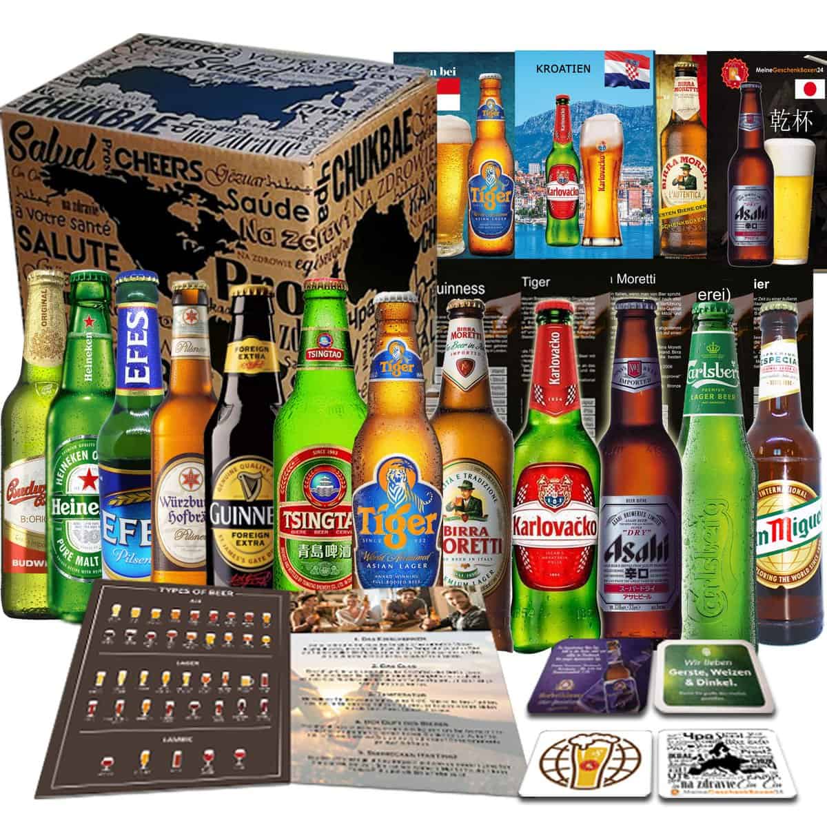 12x BIERE DER WELT, Geschenkidee für Geburtstag, Geschenkkarton + Tasting Anleitung + 12 x Produktinformation + 4 Bierdeckel Geschenk für Mann Geburtstag