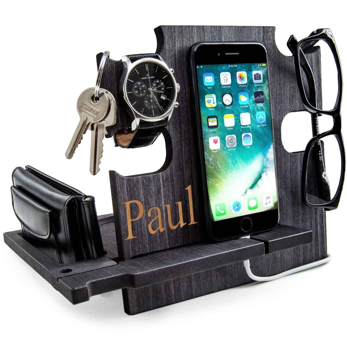 Dockingstation aus Holz, Schreibtischorganisator, Aufbewahrungshalter - Geschenkidee für Männer, Weihnachtsgeschenk für Ihn (Schwarz (ebony))