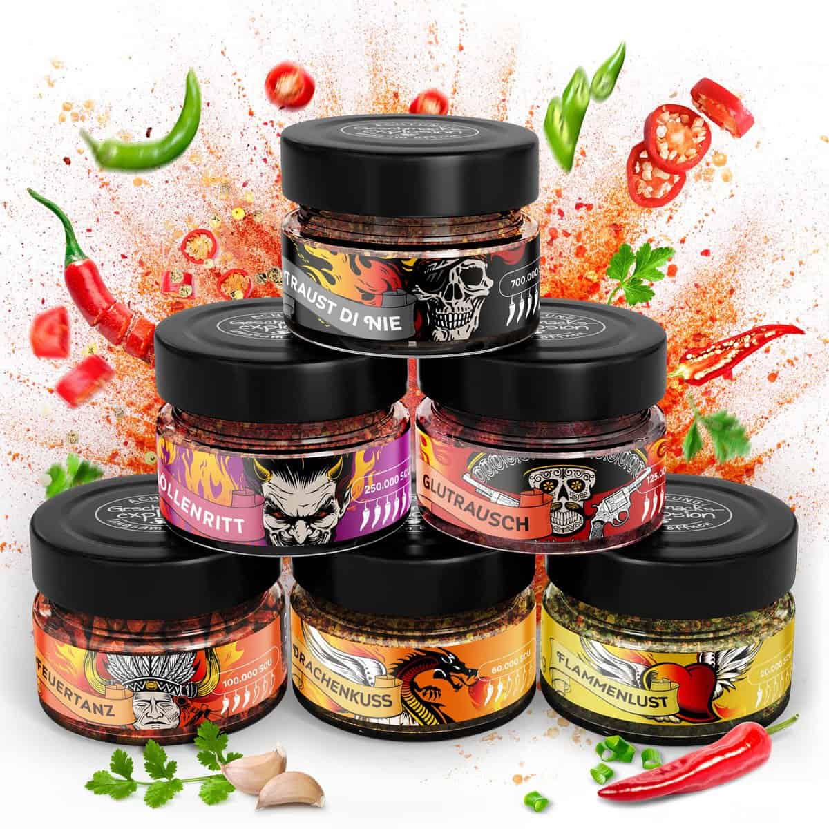 Chili Geschenkset - Chilli Gewürze Set bis 700.000 Scoville - Chilli Geschenkset für Scharfschmecker - 6 verschiedene Chili Gewürz - von Hand abgefüllt - die Alternative zu carolina reaper (Chili Box)