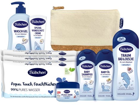 Bübchen Neugeborenen-Pflegeset, 7-teilig – Geschenkset mit mildem Shampoo bis hin zur pflegenden Wundschutzcreme, silikonfrei.