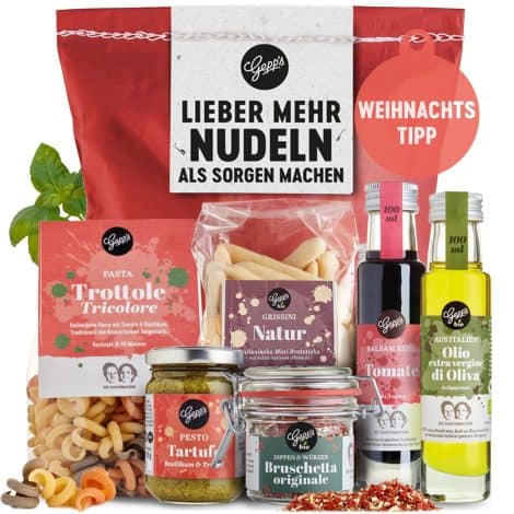 Gepp’s Feinkost Überraschungsbox – Mehr Pasta statt Sorgen I Weihnachtsgeschenk mit italienischer Pasta, Pesto Limone I Lustige Geschenkidee.