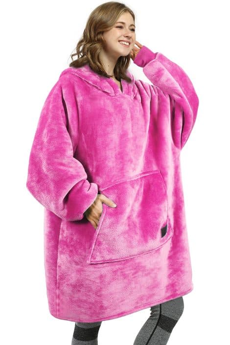 Kato Tirrinia Riesiger Sherpa Hoodie Decke in Hot Pink, extra weich und warm, mit Fronttasche, Kapuze, für Erwachsene und Teenager.