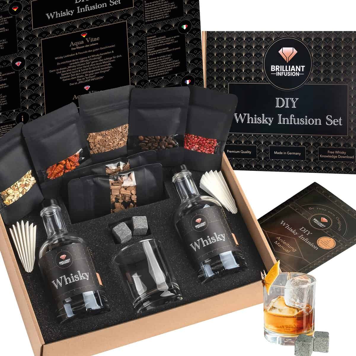 Whisky Selber Machen Set - Für zu Hause & als Geschenk - Mache deinen eigenen Whisky - DIY Whiskey Geschenkset von Brilliant Infusion - Inkl. Whisky Tasting Zubehör & Whisky Steine & Whisky Glas