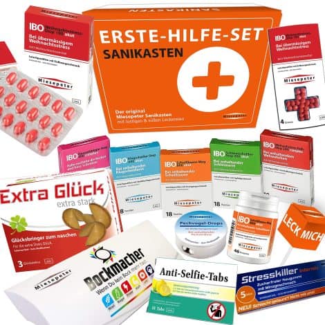 Miesepeters Frohlaune-Serval | ERSTE-HILFE-SET | Geschenkbox, humorvolles Set zu Weihnachten und Geburtstag | Mit festlichen Leckereien (X-Mas Edition)