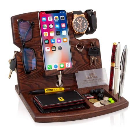 Wenge Holz Telefonständer mit Geldbörsenhalter, Schlüsselhalter und Uhrenorganisator – tolles Geschenk für Männer!