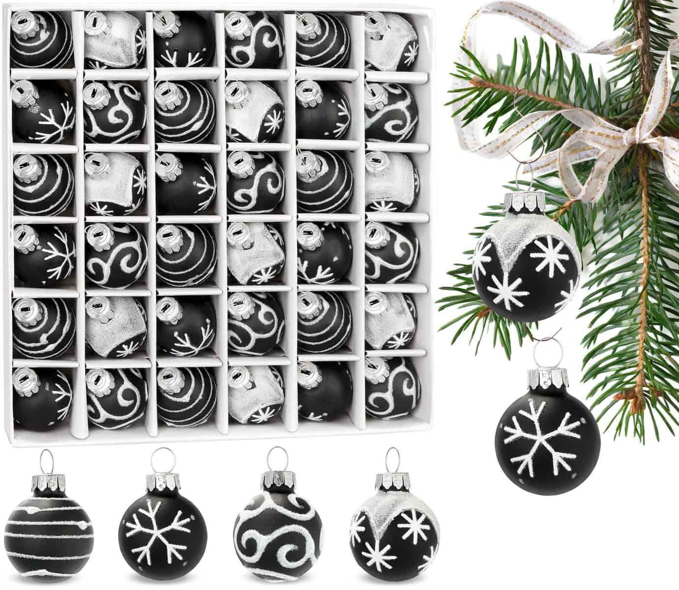 BRUBAKER 36-teiliges Set Weihnachtskugeln mit 3 cm Baumkugeln - Handbemalter Christbaumschmuck Mini Kugeln für Weihnachtsbaum und Weihnachtsdeko - Weihnachtsbaumkugeln aus Glas - Schwarz