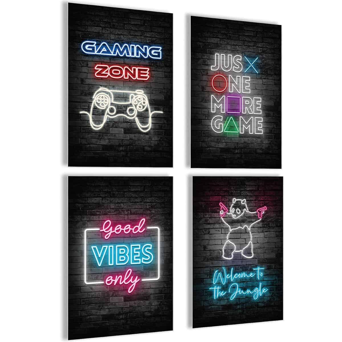 mojoliving Gaming Zimmer Deko Bilder | Poster Wand für Gamer Jugendzimmer | Set mit Neon Sign Motive | Coole Geschenke für Gamer | Zocker Bilder Wand | Neon Wandbild