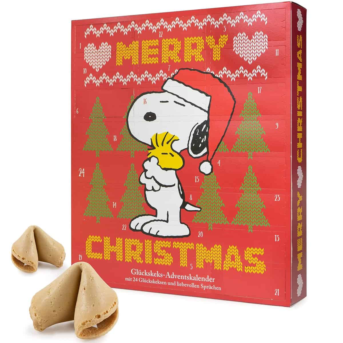 FOOD Crew Adventskalender 2023 Glückskekse Peanuts Snoopy und Freunde - 24 liebevolle Sprüche als Adventsgeschenk - Made in Germany