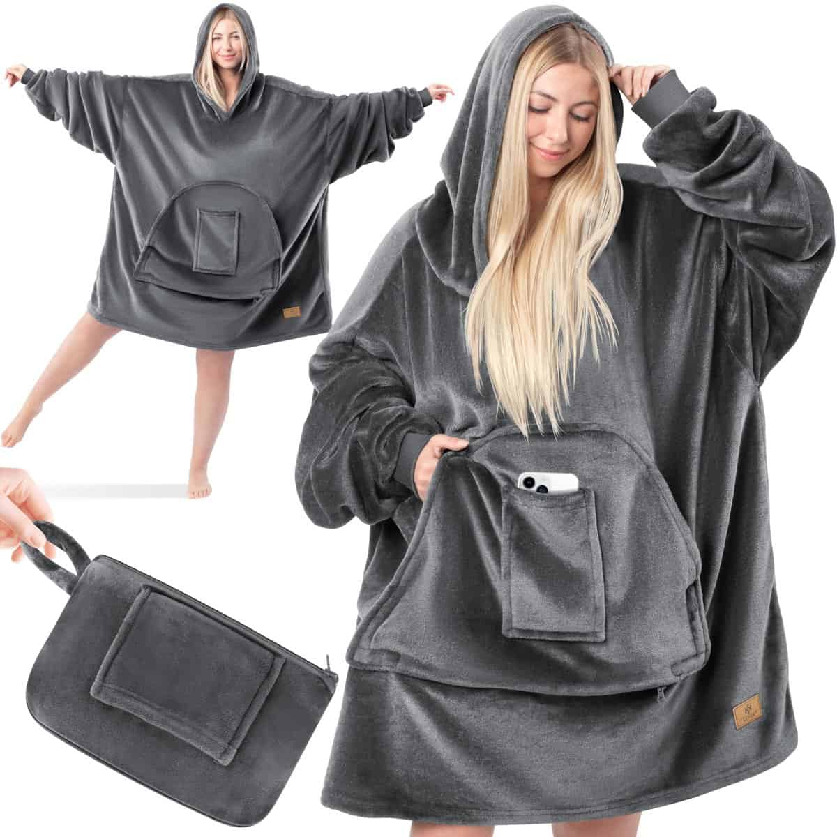 KESSER® Hoodie Decke Kuscheldecke mit Ärmeln Deckenpullover Vielseitig Tragbare Decke zum Anziehen für Damen & Herren, Sweatshirt Warm Kuschelpullover Erwachsene weich Ärmeldecke Oversize Anthrazit