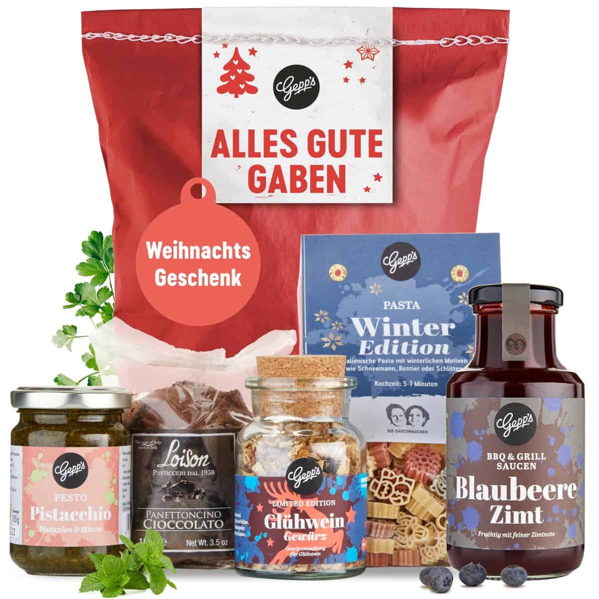 Gepp's Feinkost Alles Gute Gaben Wundertüte zu Weihnachten I festliches Weihnachts-Geschenk mit Winter-Pasta, Glühwein-Gewürz uvm. I Delikatessen Geschenk für Männer & Frauen im Advent