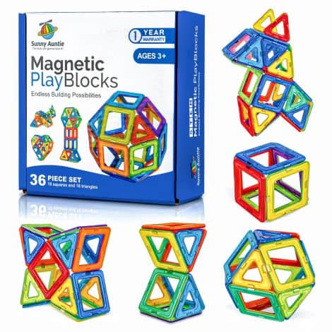 Magnetische Bausteine als 36-teiliges Set in Geschenk-Box für kreatives Lernen, Kinder von 3-8 Jahren.