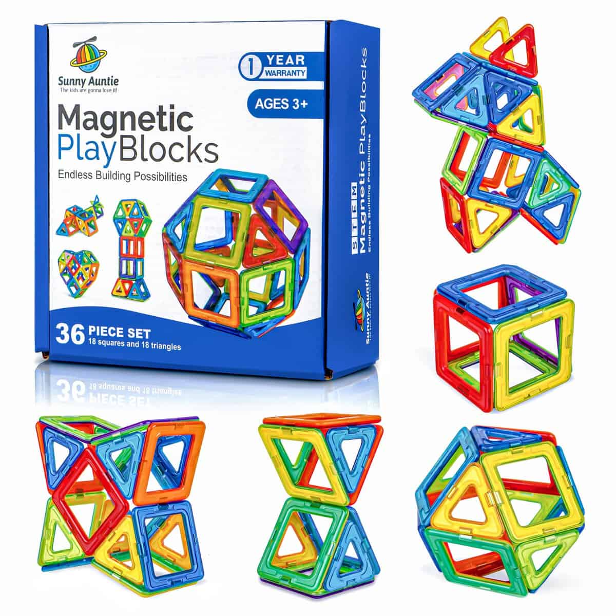 Magnetische Bausteine Spielzeug für 3 4 5 6 7 8 Jahre alte Jungen Mädchen Kinder Kleinkinder MINT-Lernspielzeug Vorschule Kreativgeschenk für 3-8-Jährige, 36 Magnetblöcke als Set in Geschenk-Box