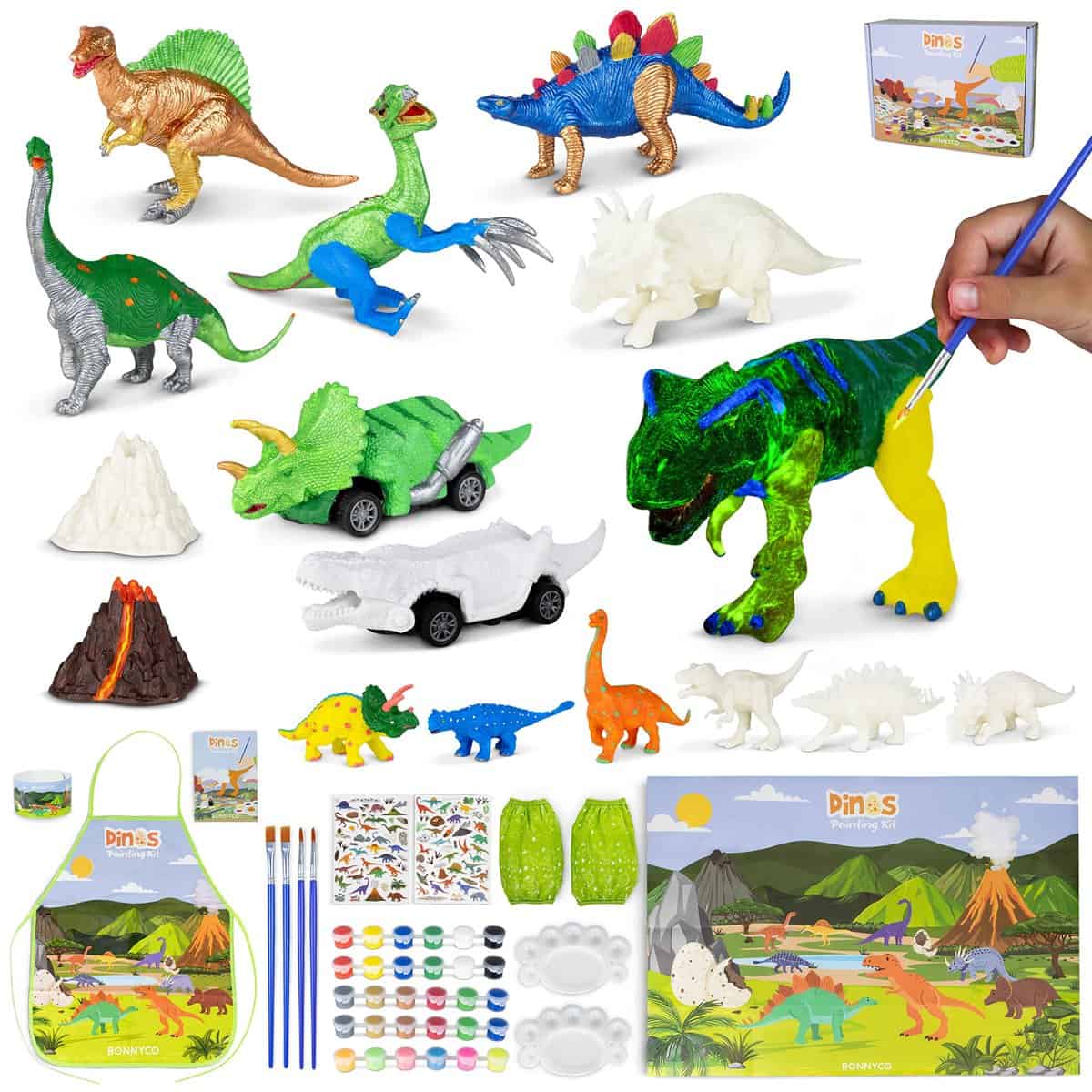 BONNYCO Dinosaurier Spielzeug mit 16 Figuren zum Malen von Basteln, Kinder mit Glanz im Dunkeln | Spielzeug für Kinder 3 4 5 6 7 8 9 10 Jahre Geschenke für Kinder Geburtstag, Weihnachten, Kommunion