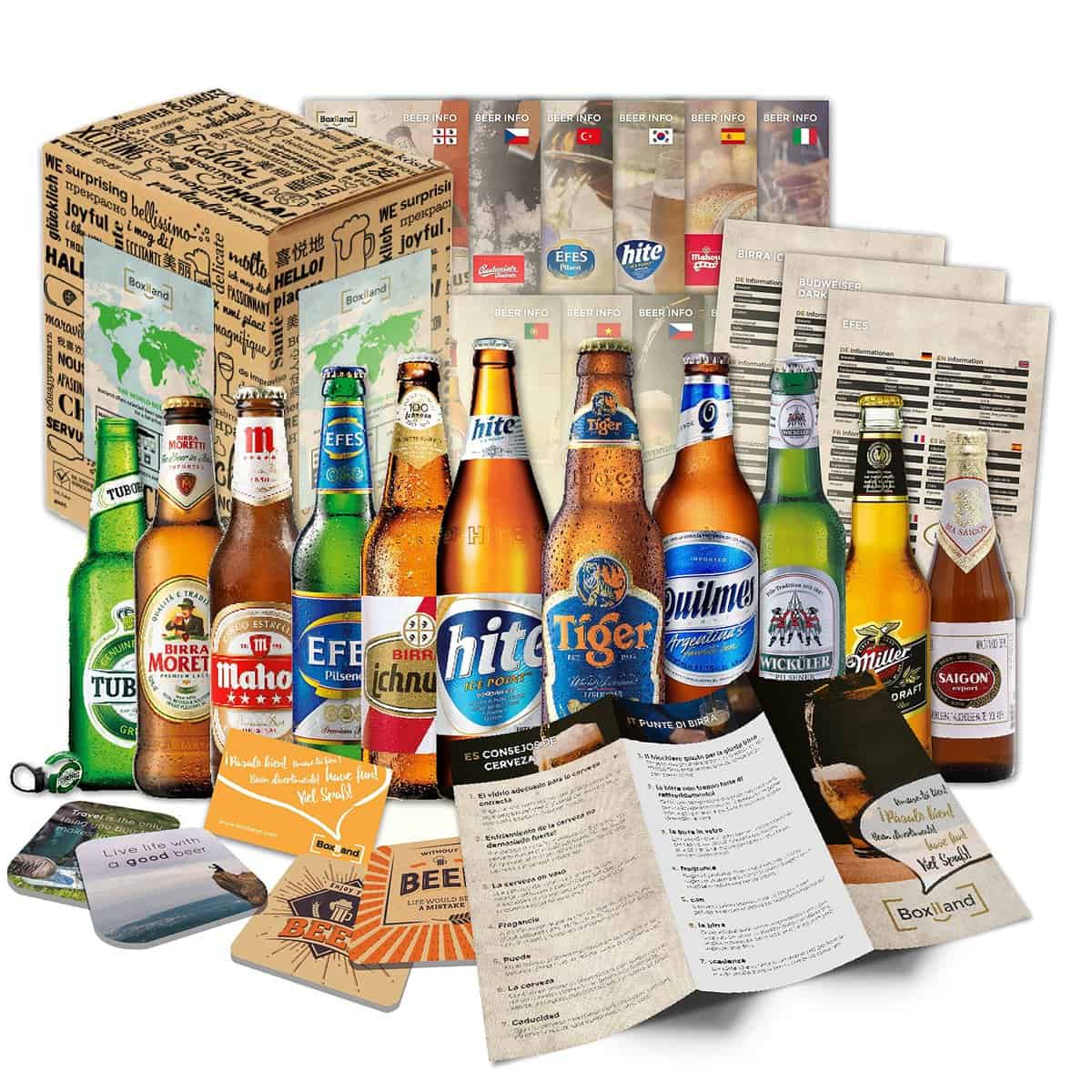 [ [ Boxiland ] ] 12 Biere der Welt mit Geschenk Karton Bier Info Tasting Anleitung Geburtstagsgeschenk für Männer Geschenkidee zum Geburtstag Vatertag für Väter Papa Männer Geschenke Vatertag