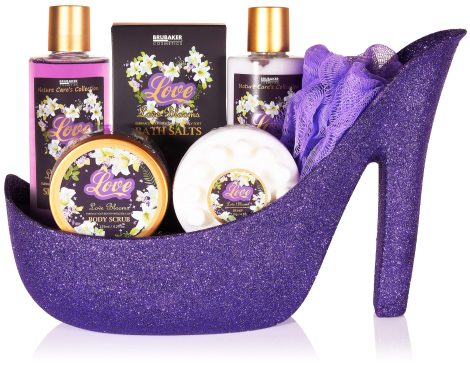 BRUBAKER Kosmetik Schönheitsbox Lila Blütenzauber – Bade- und Duschset – 7-teiliges Geschenkset im funkelnden Stiletto.